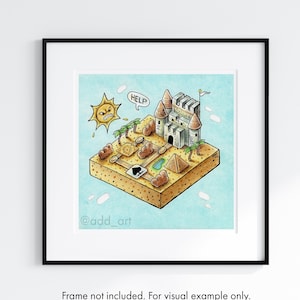 WORLD 2 Desert Mario Mini Map 6"x6" Print, Mario Watercolour Art, Nintendo Art Print, Cute Small Isometric Art, Super Mario Bros 3