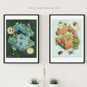 Impresión en acuarela de díptico de SUPER MARIO BROS Mario & Luigi, arte de videojuegos, ilustraciones para salas de juegos en varios tamaños
