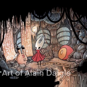May include: Watercolor illustration featuring characters from the video game Hollow Knight. A character in a red dress stands on a wooden platform, next to a creature with large eyes. The scene is set in a detailed, cavernous environment with a hanging lantern.