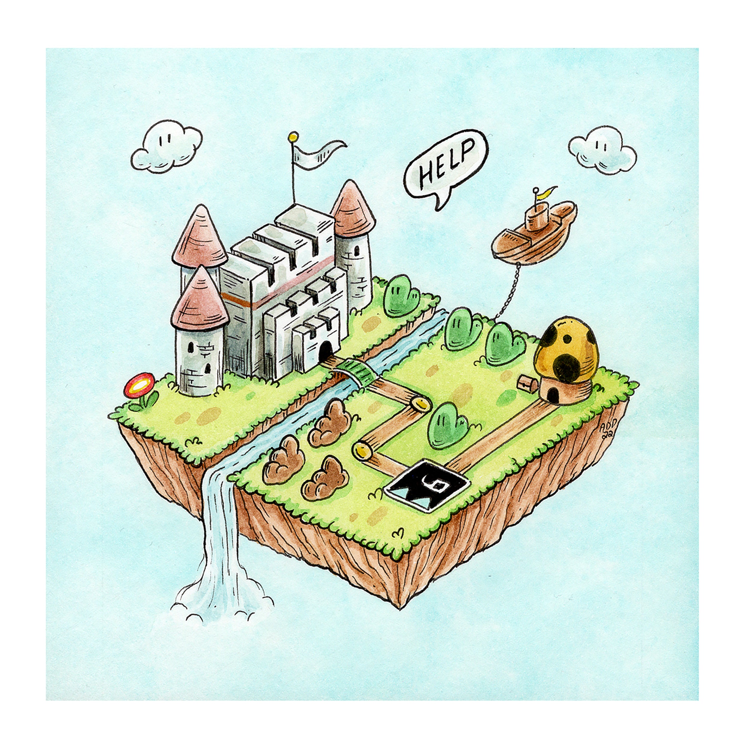 Mario World 1-1 Watercolor Art Print: Nintendo Isometric Mini Map (6x6 ...