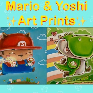 MARIO & YOSHI fine art print set gamer art video game room oil painting illustration Nintendo fan art