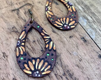 Leather Stamped Sunflower Earrings / Hand Painted Leather / Boho Style Jewelry / Trending Leather Jewelry / Leather Goods / Western Wear