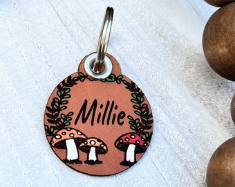 Leather Dog ID collar tags / Personalized Dog ID / Quiet Dog Tags / Hand painted Leather / Millie Style Mushroom Forest Tag / woodland