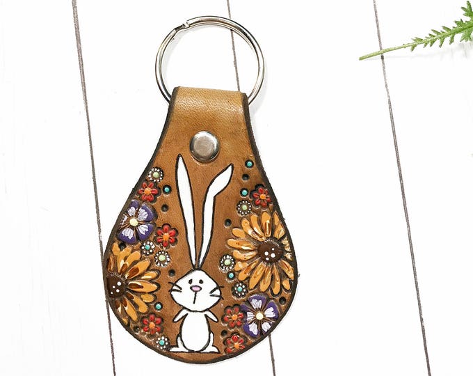 Featured listing image: Painted Leather Key Ring, Floral and Bunny, Tooled and Stamped Leather, Cute Key Fob, Leather Key Chain, Key chain, Boho