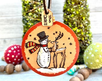 Snowman & Deer Leather Ornaments / Farmhouse / Hand painted Leather/ Christmas Ornament / Dated 2021 Ornament