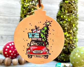 Red Truck and Christmas Tree Leather Ornaments / Farmhouse / Hand painted Leather/ Christmas Ornament / Dated 2021 Ornament