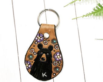 Monogram Mama Bear Leather Key Fob, Black Bear, Western Cowgirl Leather, Painted Leather, Personalized Key Fob