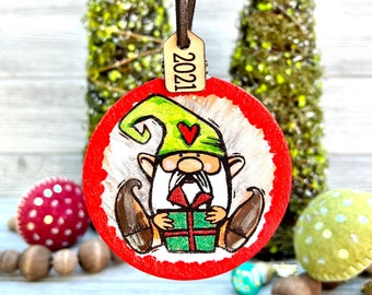 Christmas Gnome Leather Ornaments / Farmhouse / Hand painted Leather/ Christmas Ornament / Dated 2021 Ornament