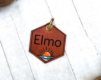 Leather Dog ID collar tags / Personalized Dog ID / Quiet Dog Tags / Hand painted Leather / Elmo Style Sunrise Sunset Tag / Tropical Tag