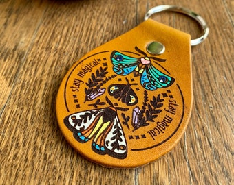 Magic Crystal Key Fob, Leather Keychain, Tooled and Stamped Leather, Colorful Moth Cute Key Fob, Leather Key Chain
