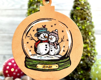 Snowman Couple / Snow Globe Leather Ornaments / Farmhouse / Hand painted Leather/ Christmas Ornament / Dated 2021 Ornament