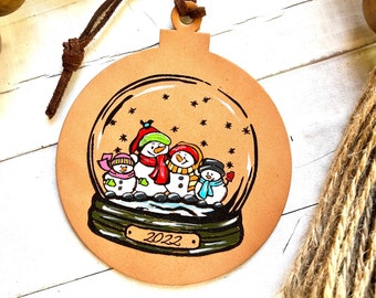 Snowman Family / Snow Globe Leather Ornaments / Farmhouse / Hand painted Leather/ Christmas Ornament / Personalized Ornament