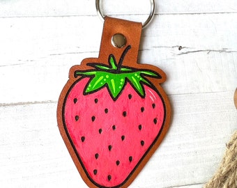 Strawberry Keychain, Tooled and Stamped Leather, Fruit Cute Key Fob, Leather Key Chain, Boho , Kawaii