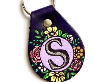 Monogram Floral Key Ring, Tooled and Stamped Leather, Hand Painted Leather, Cute Key Fob, Leather Key Chain, Key chain