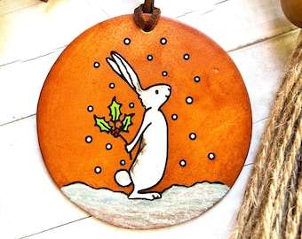Snowy Bunny Ornament/ Leather Ornaments / Farmhouse / Hand painted Leather/ Christmas Ornament / Personalized Ornament