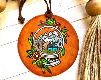 Snowy Cottage Snow Globe Ornament/ Leather Ornaments / Farmhouse / Hand painted Leather/ Christmas Ornament / Personalized Ornament