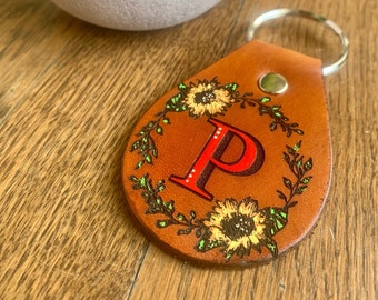 Sunflower Initial Monogram Key Fob, Leather Keychain, Tooled and Stamped Leather, Sunflowers Cute Key Fob, Leather Key Chain