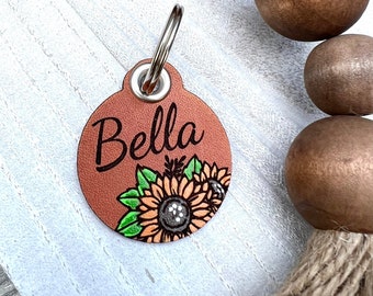 Leather Dog ID collar tags / Personalized Dog ID / Quiet Dog Tags / Hand painted Leather / Bella Style Sunflower Tag / Flowers