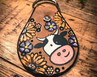 Holstein Cow Leather Key Fob, Farm Keychain, Tooled and Stamped Leather, Sunflowers Cute Key Fob, Leather Key Chain, Key chain, Boho