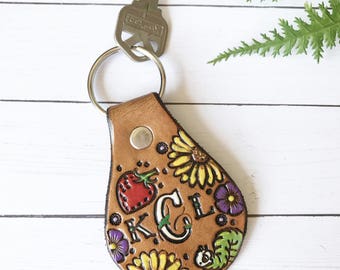 Monogram Leather Key Fob, Sunflowers Tooled and Stamped Leather, Western Cowgirl Leather, Painted Leather, Personalized Key Fob