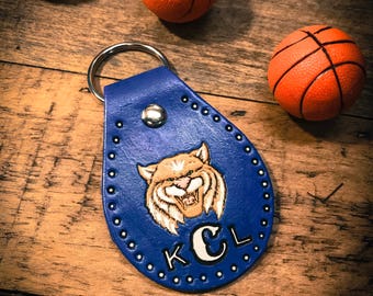 Painted Leather Key Ring, Wildcat, Tooled and Stamped Leather, Cute Key Fob, Leather Key Chain, Key chain, Kentucky, Sports, personalized