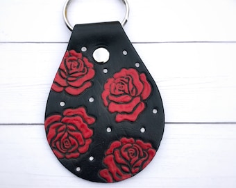 Leather Keychain Black Leather Red Roses,  Classic Leather Keychain, Tooled and Stamped Leather, Handpainted Key Chain, Key chain, Boho