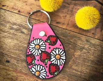 Leather Key Fob Fresh Flowers and Strawberries, Cute Keychain, Tooled and Stamped Leather, Leather Key Chain, Key chain, Boho