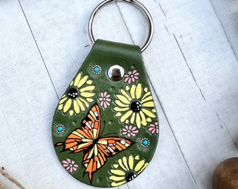 Leather Keychain Butterfly and Sunflowers,  Avocado Green Cute Keychain, Tooled and Stamped Leather, Leather Key Chain, Key chain, Boho