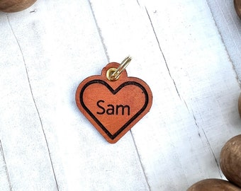 Leather Dog ID collar tags / Personalized Dog ID / Quiet Dog Tags / Hand painted Leather / Sam Style Heart Shaped Tag / Heart Dog Tag