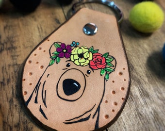 Leather Hand painted Key Ring, Bear with Floral Crown, Tooled and Stamped Leather, Cute Key Fob, Leather Key Chain, Key chain, Boho