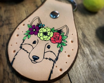 Fox Leather Hand painted Key Ring, Cute Fox with Floral Crown, Tooled and Stamped Leather, Cute Key Fob, Leather Key Chain, Key chain, Boho