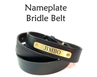 mens leather belt with gold name plate