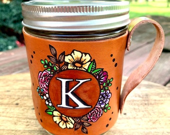 Hand painted Initials monogram Mason Jar Wrap, Floral Lily monogram, Mason Jar holder, Leather gift, Mother's Day, Father's Day,