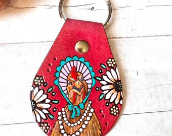 Sassy Chicken in Bonnet Keychain , Cute Keychain, Tooled and Stamped Leather, Leather Key Chain, Key chain, Fun unique gift