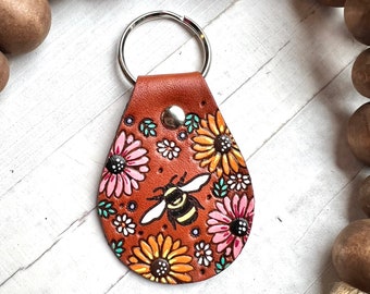 Bumblebee and Flowers Leather Key Fob, Floral Keychain, Tooled and Stamped Leather, Sunflowers Cute Key Fob, Leather Key Chain, Boho