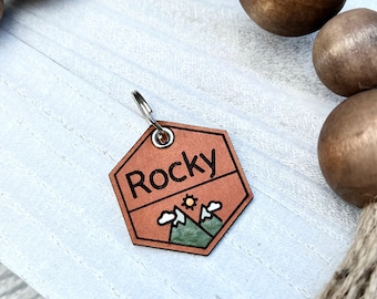 Leather Dog ID collar tags / Personalized Dog ID / Quiet Dog Tags / Hand painted Leather / Rocky Style Mountain Tag / Hiking adventure Tag