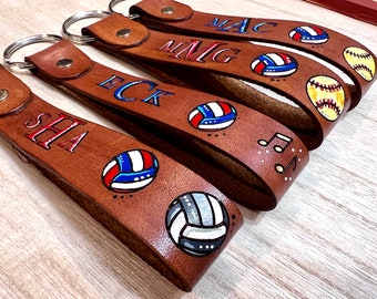 Monogrammed Sports Leather Key Ring, Senior Athlete Gifts , High School Sports, Lanyard, Leather Key Chain, Wrist Strap Key
