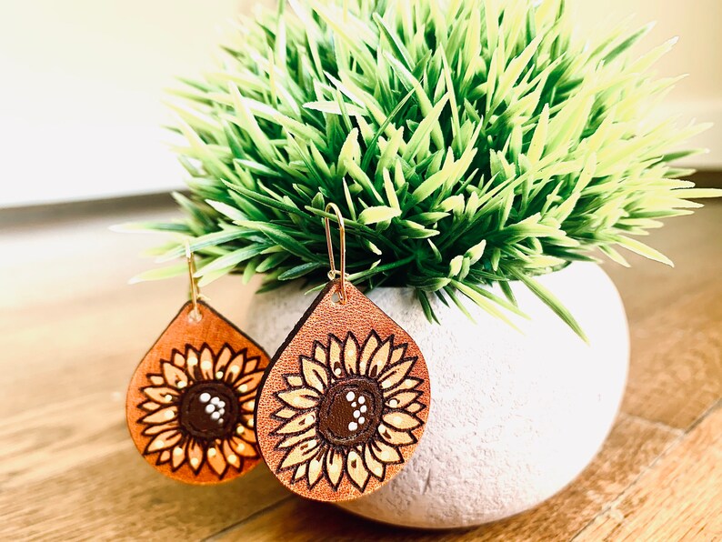 Sunflower Leather Earrings / Hand Painted Leather / Boho Style Etsy