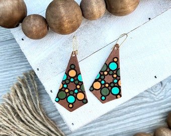 Geometric Circle Leather Earrings / Hand Painted Leather / Boho Style Jewelry / Trending Leather Jewelry / Leather Goods / Western Wear