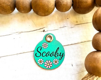 Teal Color Leather Dog ID collar tags / Personalized Dog ID / Quiet Dog Tags / Hand painted Leather / Scooby Style Tag / Daisy Flowers