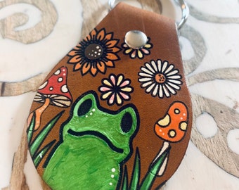 Frog and Mushroom sunflower Key Ring, Tooled and Stamped Leather, Hand Painted Leather, Cute Key Fob, Leather Key Chain, Key chain