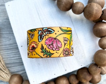 Botanical Style Leather Cuff/Tooled and Stamped Leather/ Leather Jewelry/ Hand Painted Leather Bracelet / poppy / tulips / Daisy/ garden