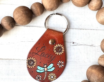 Dragonfly and Sunflowers Key Ring, Tooled and Stamped Leather, Hand Painted Leather, Cute Key Fob, Leather Key Chain, Personalized Key chain