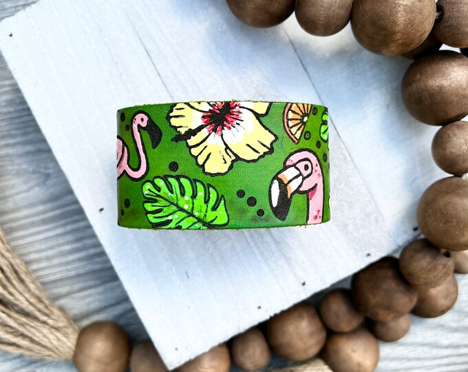 Featured listing image: Hawaiian Flamingo Style Leather Cuff/Tooled and Stamped Leather/ Hibiscus and Flamingo Leather Jewelry/ Hand Painted Leather Bracelet