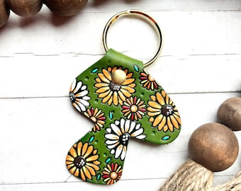 Mushroom shaped floral Leather Key Fob, Floral Keychain, Tooled and Stamped Leather,  Cute Key Fob, Leather Key Chain, Cottage core