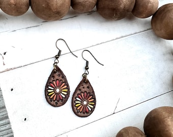 Leather Stamped Flower Earrings / Hand Painted Leather / Boho Style Jewelry / Trending Leather Jewelry / Leather Goods / Western Wear