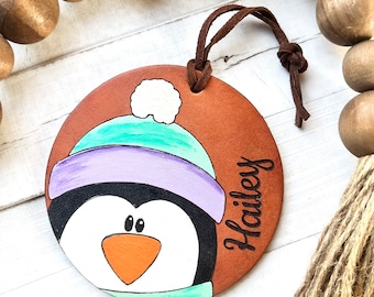 Cute Penguin Leather Ornaments / Name or Date / Hand painted Leather/ Christmas Ornament / personalization