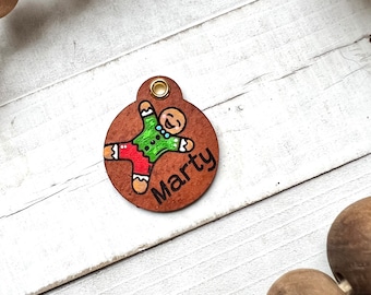 Gingerbread Man Leather Dog ID collar tags / Personalized Dog ID / Quiet Dog Tags / Hand painted Leather / Christmas tag