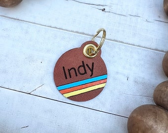 Leather Dog ID collar tags / Personalized Dog ID / Quiet Dog Tags / Hand painted Leather / Indy Style Stripe Tag / Beach Retro