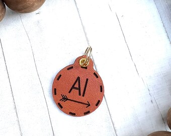 Leather Dog ID collar tags / Personalized Dog ID / Quiet Dog Tags / Hand painted Leather / Al Style Round Arrow Tag / Arrow Tag